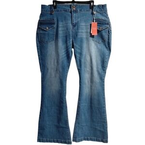 Flamingo Blue Flare Cargo Jeans Womens 4XL Plus Size Mid Rise Double Button NWT